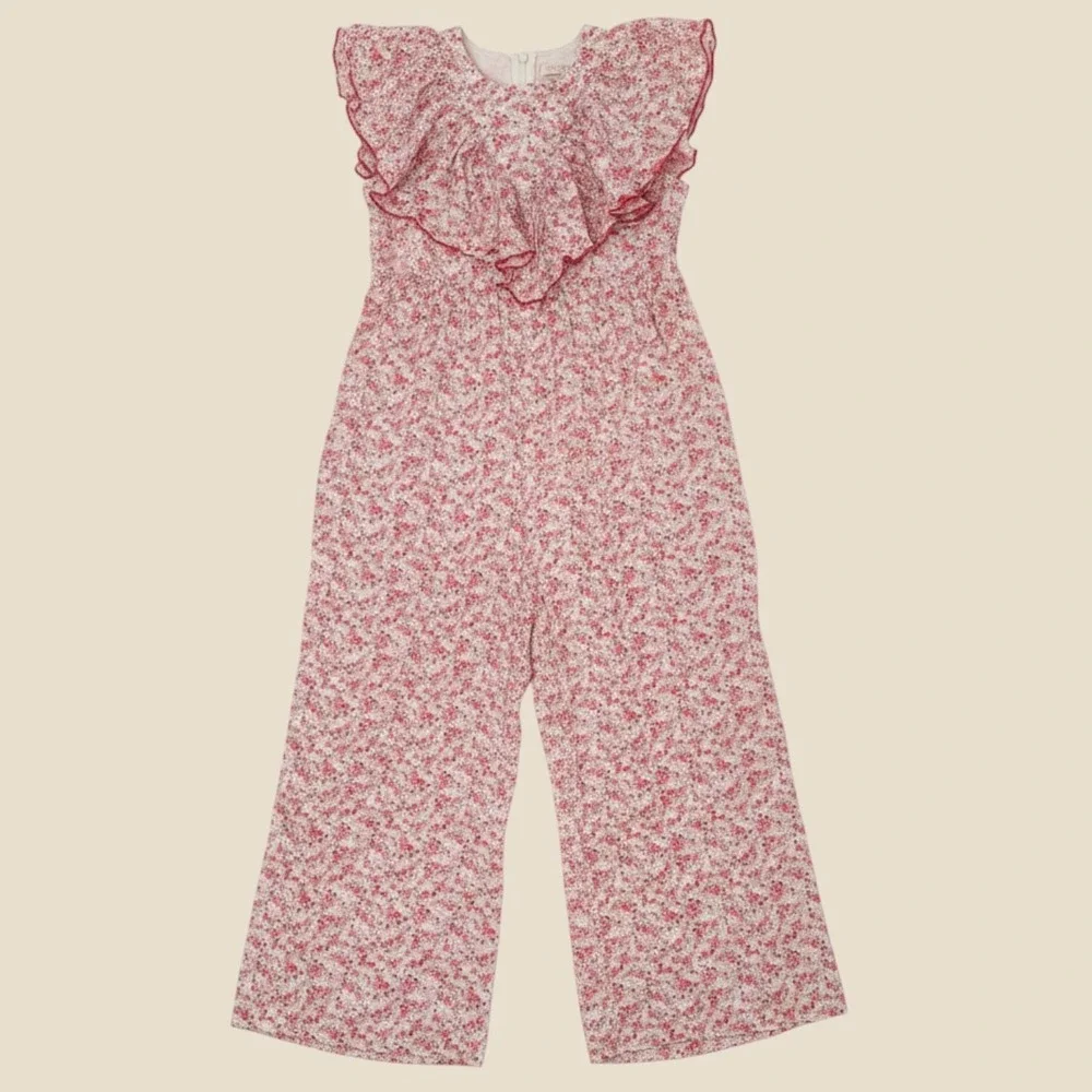 Pink Chicken Girls Floral Ruffle Jumpsuit Red Pink Metallic Lurex Size 7Y